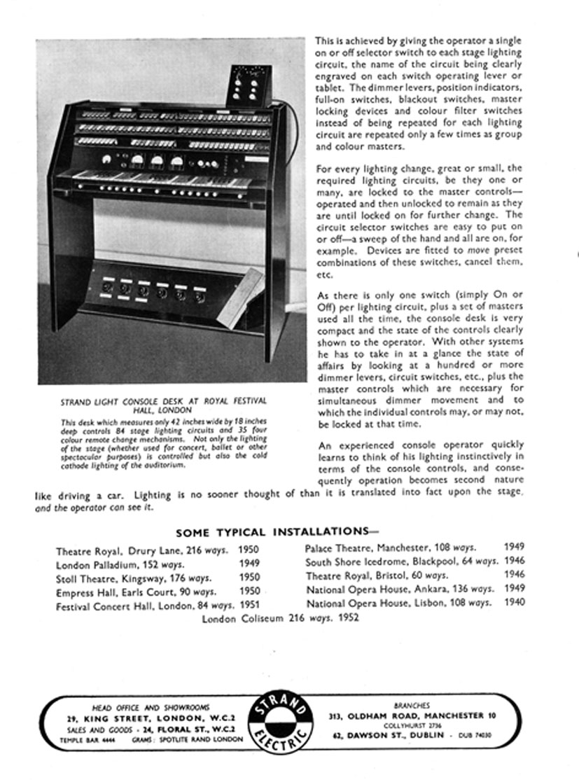 Strand Electric leaflet showing the RFH Light Console