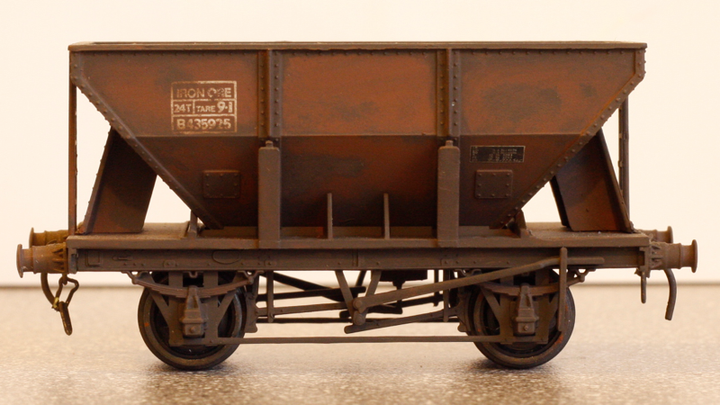 Small iron ore hopper, fitted. EM. RTR body on a Ratio underframe.