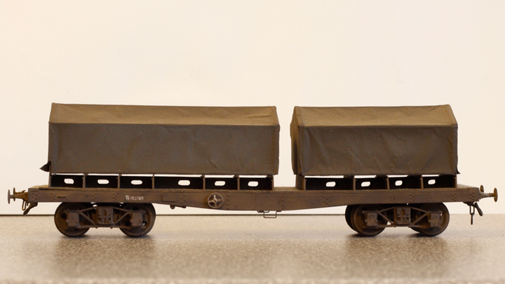 Covered steel coil wagon. EM. Whitemetal chassis and bogies, scratchbuilt covered sections.