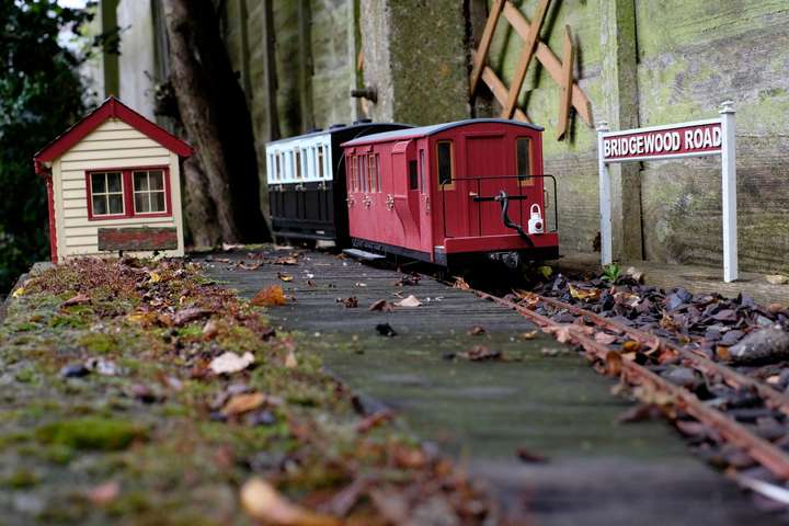 End of coach and small station building, autumn