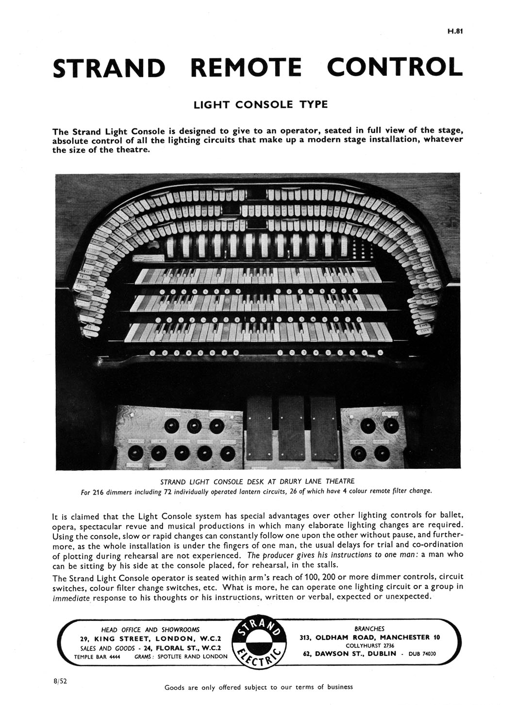Strand publicity material showing the Drury Lane light console