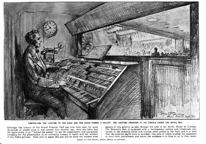 Pencil drawing of an operator sat at the Light Console, with view of the stage