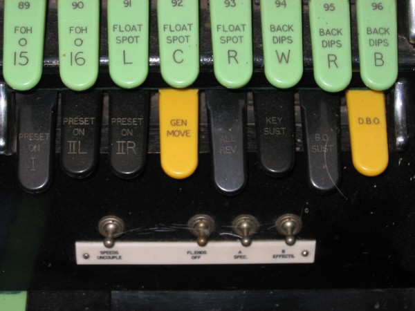 Photo of the Her Majesty's Light Console - close-up of stop keys