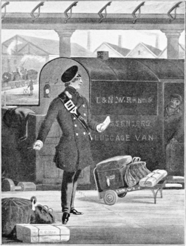 Black and white illustration of a nineteenth century railway guard holding a letter, with a train in the background